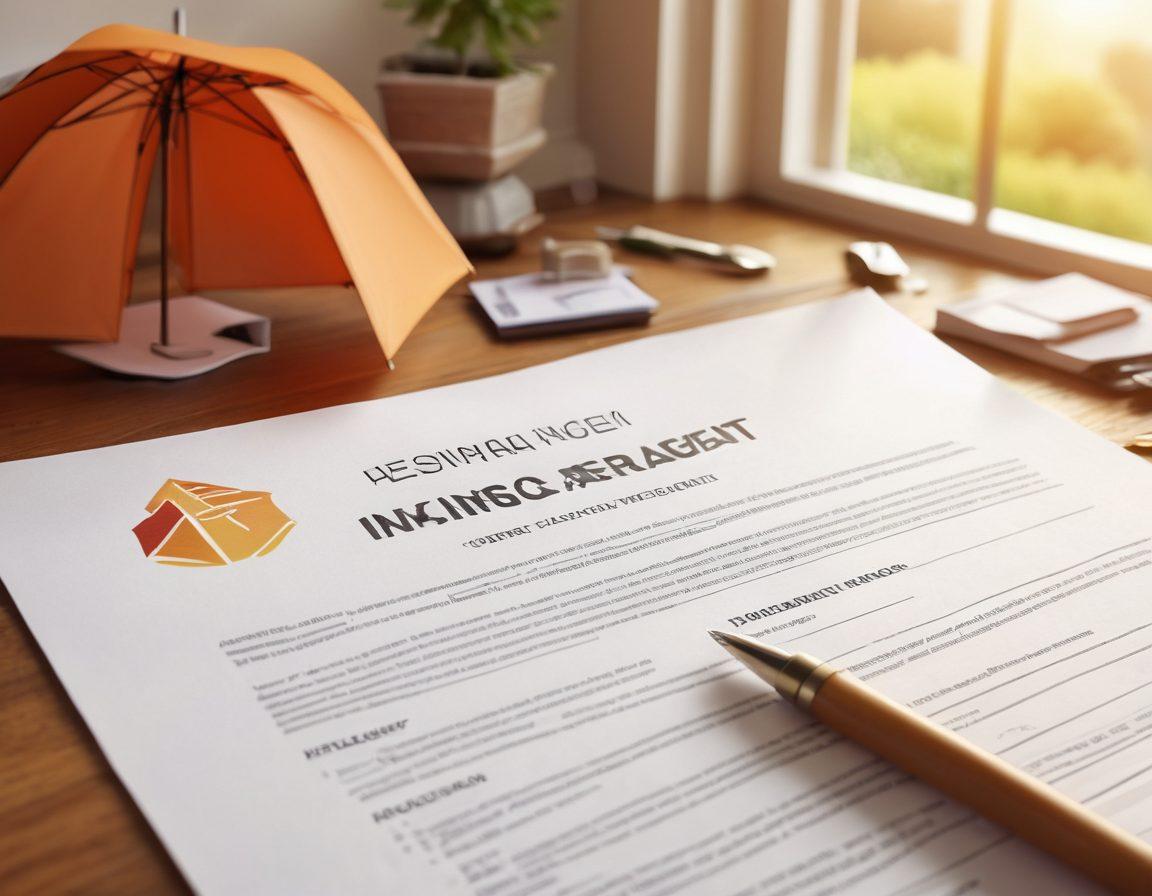An open lease agreement with highlighted sections and a pen resting on it, surrounded by various types of home insurance policy documents. In the background, a cozy home interior with a welcoming atmosphere and sunlight filtering through the windows. Include visual icons representing different insurance types like a shield, house, and umbrella. professional and engaging. super-realistic. warm colors.