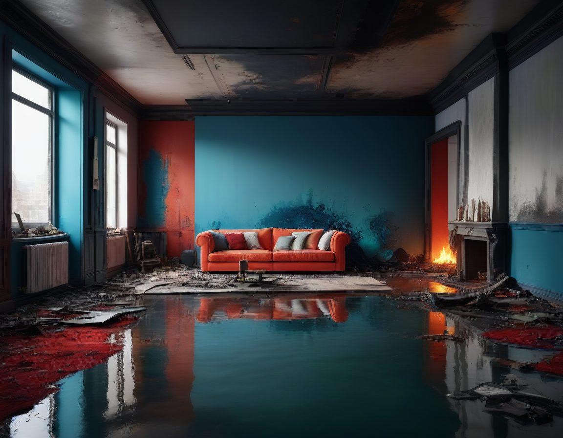 A visually striking apartment interior showcasing a vivid transition from a fire on one side to a flood on the other. One side features charred furniture and smoky colors, while the other side depicts waterlogged items with vibrant blues and greens. A person stands in the center, contemplating insurance options, with icons of coverage floating around them. Elements of both disaster scenarios should be seamlessly blended. super-realistic. vibrant colors. dynamic composition.